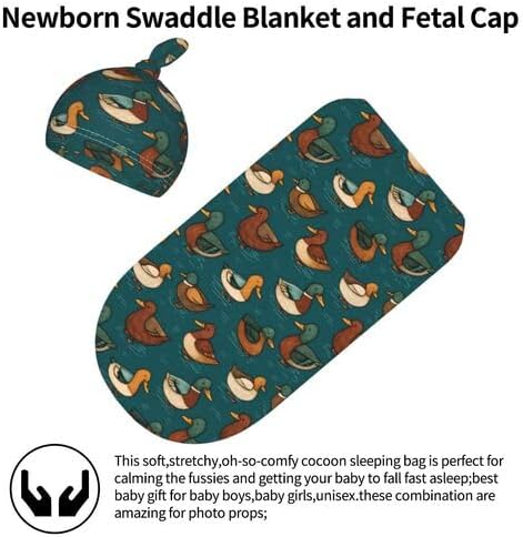 Nanyizly Set 0-6m Little Green Mallard Ducks Newborns Beanie Swaddle Blanket Baby Receiving Blankets for Infant Boy