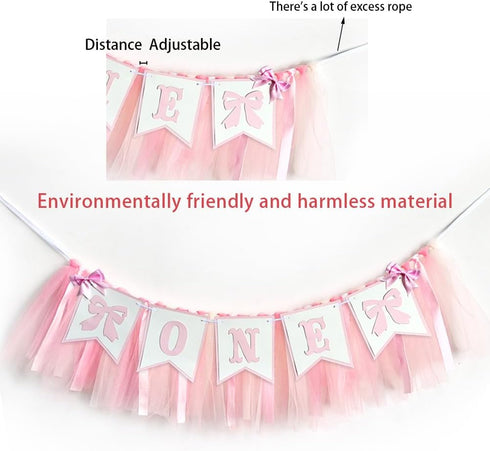 Derzhssg 1st Pink Bowknot One Birthday Highchair Banner - Girl Birthday High Chair Banner, Party Decoration Photo