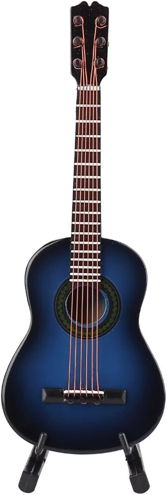 Dselvgvu Wooden Miniature Guitar with Stand and Case, Classic Blue Model for Dollhouse Decoration, 5.12"x1.86"x0.68"