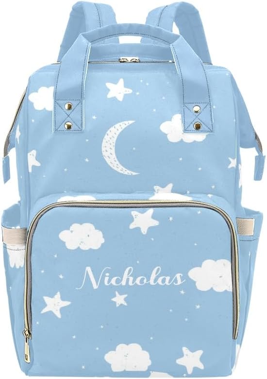 NZOOHY Moon Star Cloud Blue Personalized Diaper Bag Backpack Multi-Function Custom with Name