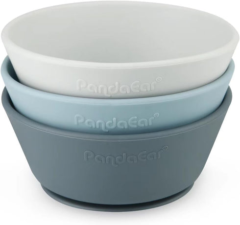 PandaEar 3 Pack Baby Suction Bowls, Silicone Food Bowls for First Stage Feeding, BPA-Free, Blue/Gray