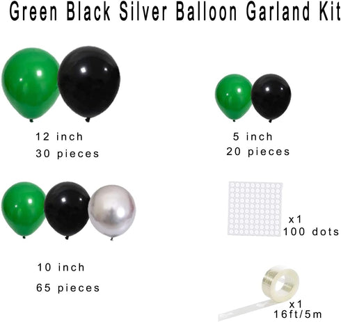 Green Black Silver Balloon Garland Arch Kit, Metallic Balloons for Video Game Birthday Decorations