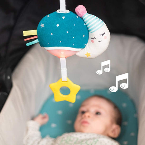 Taf Toys Musical Mini Moon, On-The-Go Pull Down Hanging Infant Toy with Music and Lights, Travel Companion for Baby