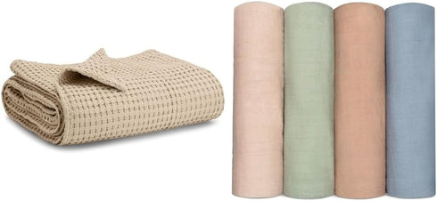 Comfy Cubs Waffle Weave Blanket and Muslin Swaddle Blankets Bundled