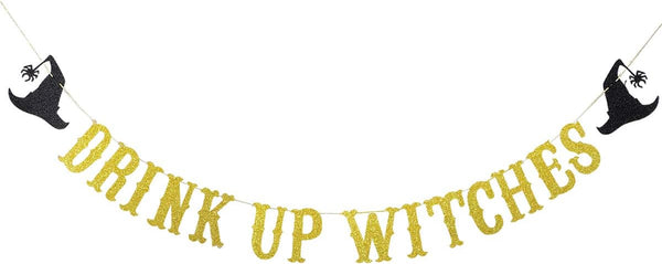 Halloween Gold Glitter Drink Up Witches Banner, Witches Party Decorations for Haunted Mansion