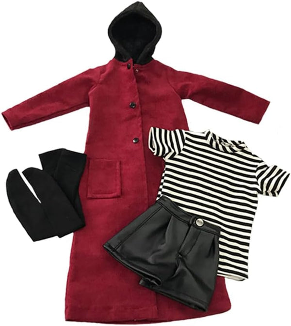 niannyyhouse 1/3 1/4 1/6 BJD Dolls Clothes | Burgundy Overcoat, Striped T-Shirt, Leather Shorts & Accessories