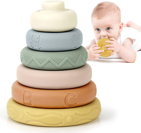 BOBXIN 6 pcs Stacking & Nesting Rings Toy, Soft Circle Stacker, Teethers for Baby, Toddler Learning Toys
