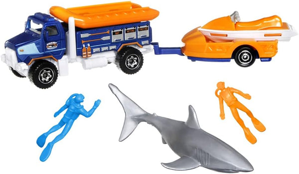 Matchbox Hitch & Haul Die-cast Vehicle Playset - Deep Sea Diver Shark Attack Rescue 7 Piece Set with Truck and Jet Ski