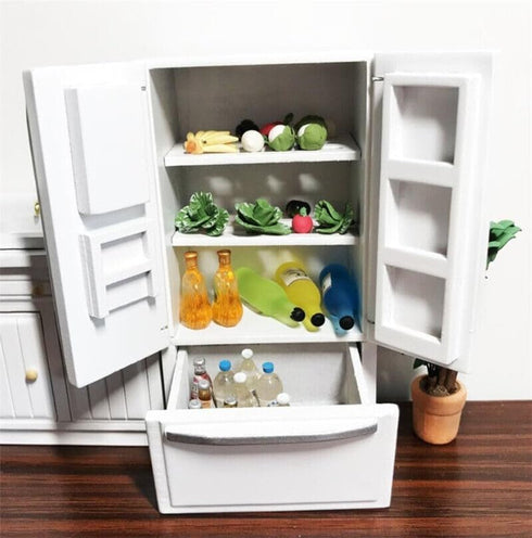 1:12 Scale Mini Furniture Kitchen White Refrigerator - 2 Doors Wooden Accessories for Minihouse Fridge Freezer