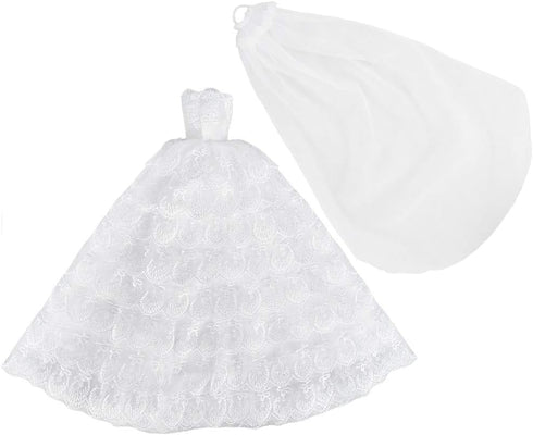 11.5 inch E-TING White Gorgeous Long Wedding Dress Princess Gown Clothes with Veil for DollsDoll Not Included