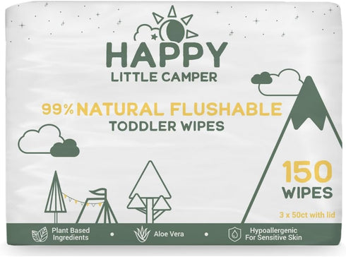 Happy Little Camper Natural Flushable Wipes - Hypoallergenic Wet Wipes with Aloe