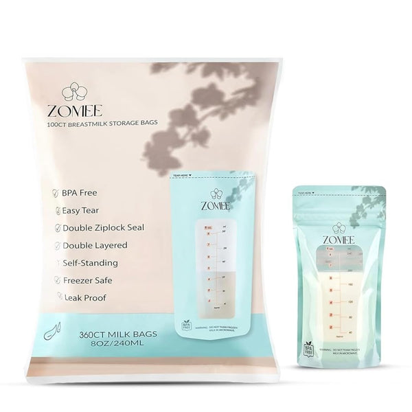 Zomee Breast Milk Storage Bags 8oz Leakproof Double-Zip Seal, Self-Standing, Easy-Pour Design,