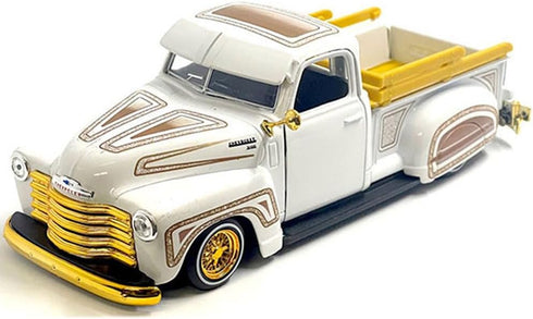 Maisto Models 1950 Chevy 3100 Pickup Truck Lowrider White with Graphics and Gold Wheels