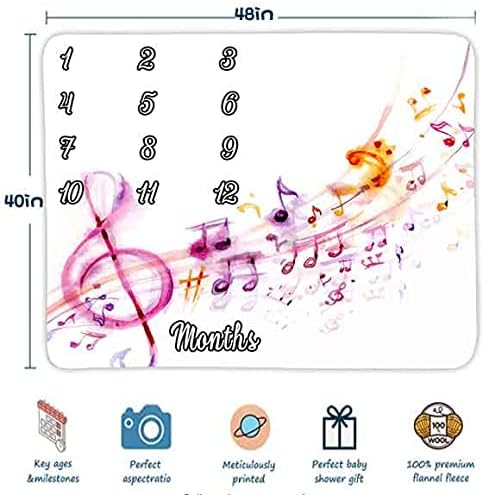 Musical Theme Baby Monthly Milestone Blanket 48x40in - Watercolor Note Sheet Music Blanket for Boys and Girls