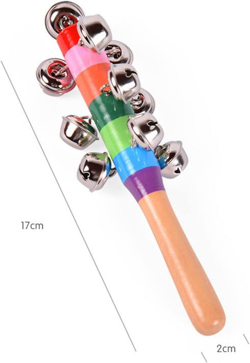 2 Pack Vivid Color Rainbow Handle Wooden Bells, Jingle Stick Shaker Rattle, 10 Jingle Bells Musical Toys