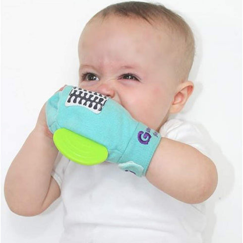 Gummee 6 Glove Baby Teething Mitten Months + Premium Quality Detachable Teether Ring and Travel Bag - Turquoise