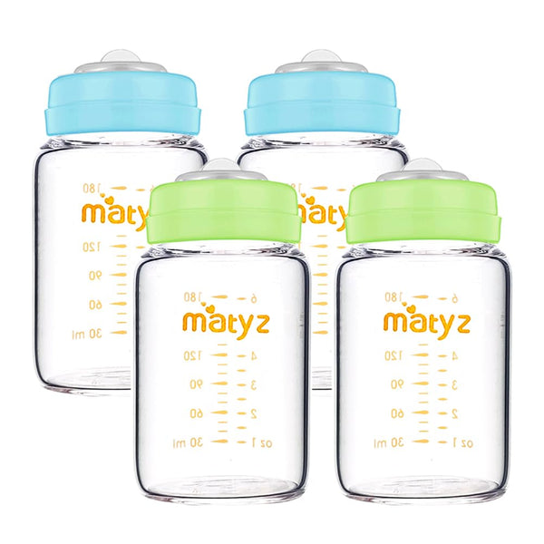 Matyz Glass Breastmilk Storage Containers, 4 Pack, 6 oz Bottle, Fit with