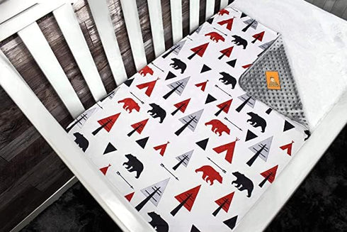 Dear Baby Gear Bears Deluxe Baby Blanket - Double Layer, Milestone & Newborn Gifts for Girls and Boys - Red, Black Bears, Geometric Trees, Arrows, Tent with Gray Dot - 40" x 30"