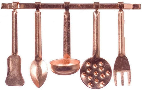 Dolls House Miniature Kitchen Accessory Copper Hanging Utensils & Rack 5055