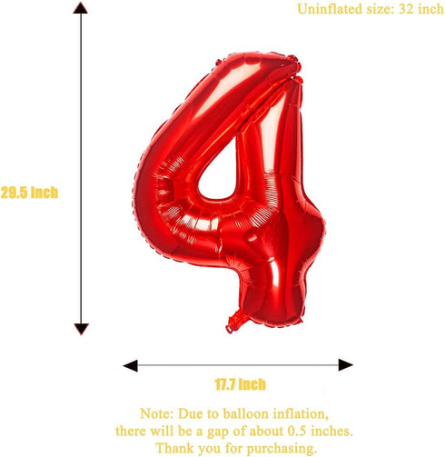 32 Inch Red Number 4 Balloons, Foil Balloon for Birthday Party Decoration Supplies