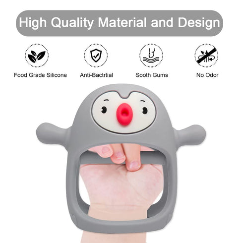 Smily Mia 2pack Blue+Grey Penguin Teether for Babies 0-6 Months, Silicone Teething Mittens & Chew Toys for 3-6 Months