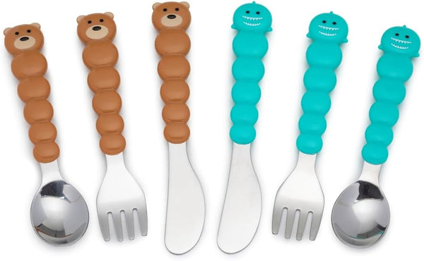 melii Toddler Feeding Spoon Fork & Knife Set, Stainless Steel – Bulldog, Cat, Shark, Bear – BPA Free, 6pc