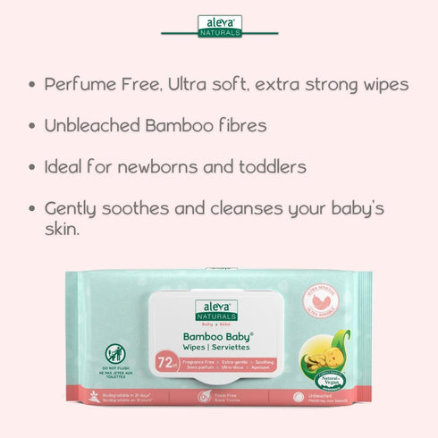6 packs 72ct 432ct Aleva Naturals Bamboo Baby Sensitive Wipes | Unscented | Extra Strong and Ultra Soft | Natural