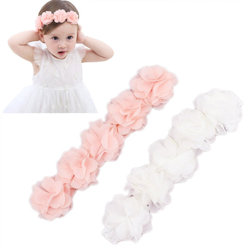 Baby Toddler Elastic Chiffon Flower Headbands, Princess Girls Hand Sewing Beads Flower Headwear (QJ11 White Pink)
