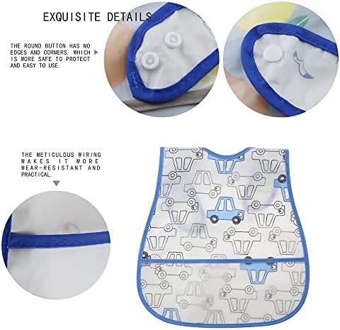 Baby Bib Waterproof with Snaps for Infants and Toddlers - 4pcs Food Catcher Bibs (Car, Puppy, Bear)