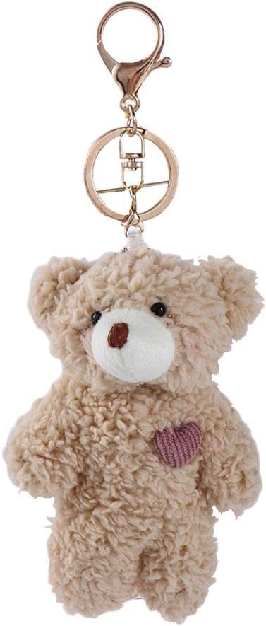 Brown Bear Pink Heart Plush Stuffed Keychain for Backpack - Soft Cotton Key Chain for DIY Crafts, Car Accessories