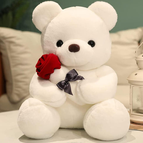 Teddy Bear Plush Stuffed Animal - Valentines Day Gift with Rose, 9.84 inches, White