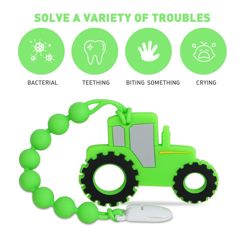 Baby Tractor Teething Toys, Food Grade Silicone Teether with Pacifier Clip Holder, Pain Relief for 3 Months+ BPA Free