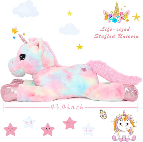 Muiteiur 43.4" Large Pink Unicorn Plush Pillow - Soft Stuffed Animal Toy Gift for Girls