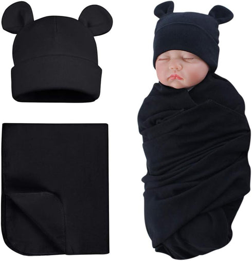 PESAAT Cotton Baby Swaddle Hat Set, Newborn Infant Hats and Receiving Blankets for Baby Boys Girls
