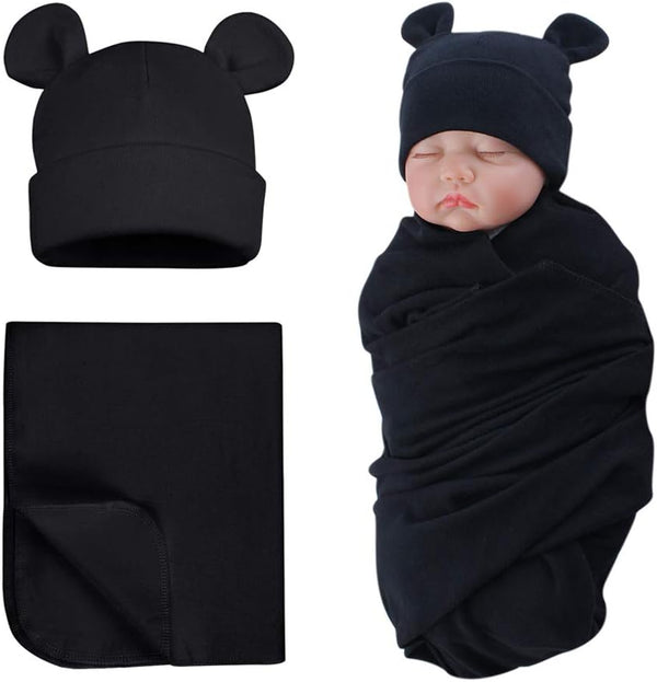 PESAAT Cotton Baby Swaddle Hat Set, Newborn Infant Hats and Receiving Blankets for Baby Boys Girls