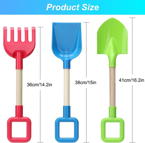 Jumbo Beach Shovels Rake Spade Toys Set for Kids, 16" Long Wooden Handle ABS Plastic Sand Scoop, 3 Pack Gardening Tool