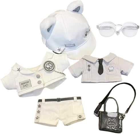 niannyyhouse 20cm Plush Doll Clothes Set, White Cat Hat Coat Shirt Pants Backpack Glasses for 8in Doll Dress Up