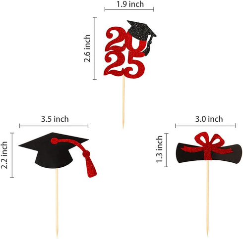 Red Glitter Graduation Cupcake Topper Class of 2025, Food/Appetizer Picks for Graduation Party (24pcs)