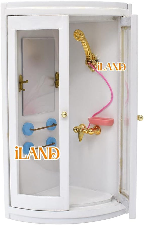 iLAND Dollhouse Furniture and Accessories 1/12 Scale Bathroom Set incl Ceramic Toilet & Bathtub & Wooden Cabinet