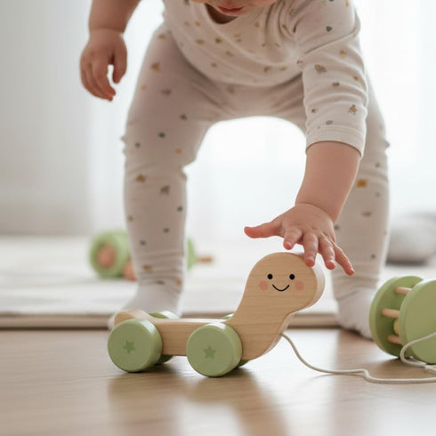12m+ Pearhead Wooden Turtle Push and Pull Toy, Montessori Shake and Rattle Shell, Baby Walking and Gross Motor