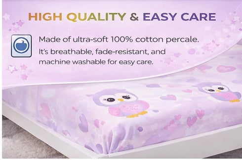 3-Piece Set 100% Set EVERYDAY KIDS Toddler Fitted Sheet, Flat Sheet and Pillowcase - Owls - Soft Breathable Cotton