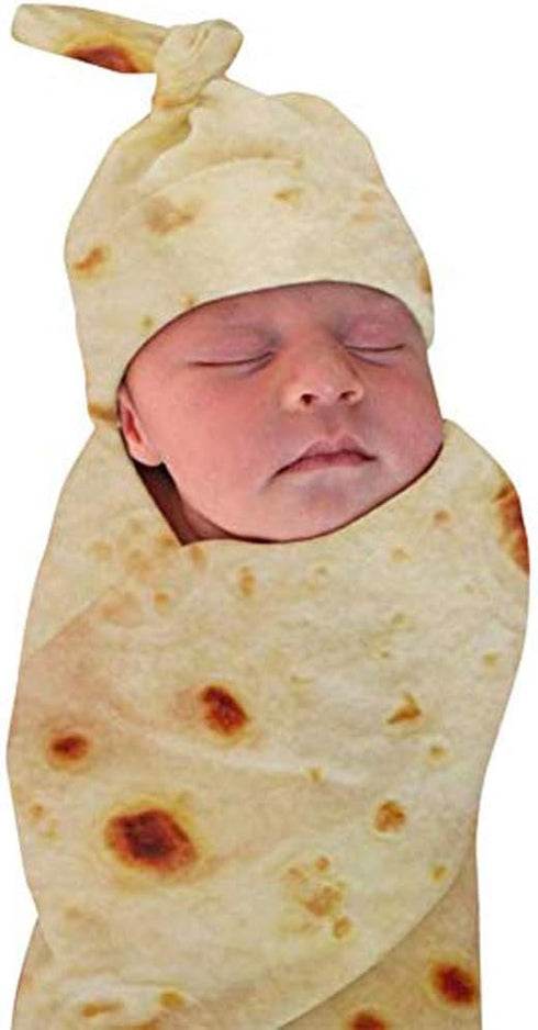 Newborn Baby Wrap Burrito Swaddle Blanket and Hat, 34 Inch Soft Flannel Tortilla Shower Gift