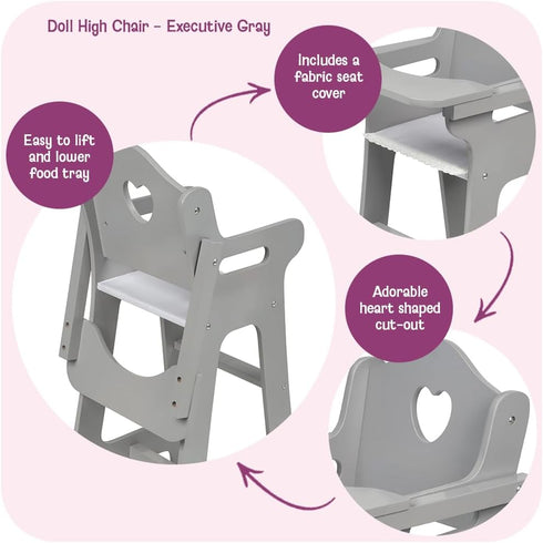 18 Inch Badger Basket Executive Doll High Chair - Wooden Toy Chair with Liftable Tray, Fabric Seat Trim, and Realistic