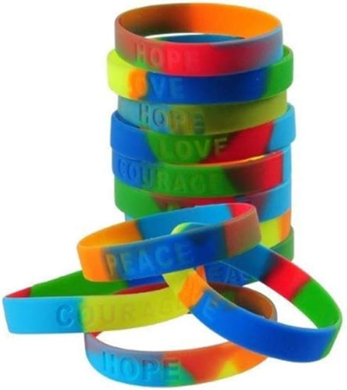 Assorted Sayings Rainbow Stretchy Rubber Band Bracelets, 12 Pieces