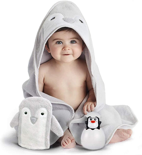 Happy & Sweet Baby Gift Set - Bamboo Viscose Hooded Penguin Bath Towel, Mitt Washcloth,