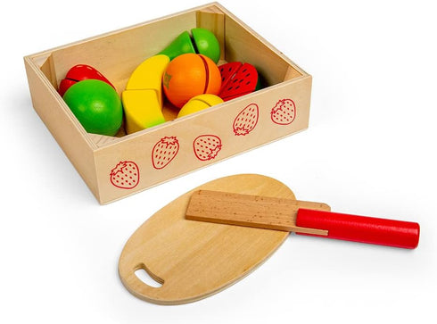 7 1 1 18 Bigjigs Toys Cutting Fruits Crate - Piece Fruit with Velcro Fastenings, Wooden Knife, Chopping Board