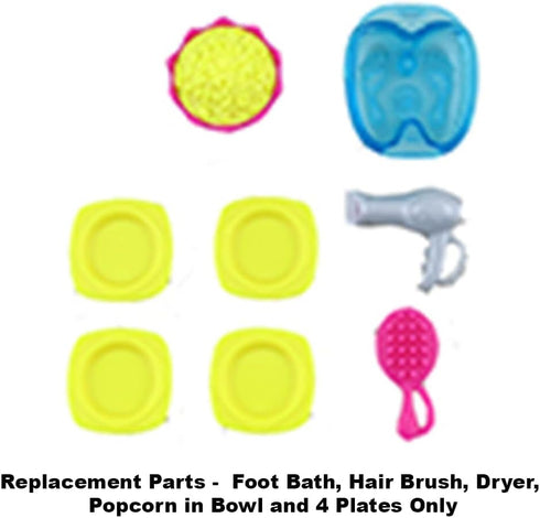 Mattel Replacement Barbie Size Accessories - Foot Bath, Hair Brush, Dryer, Popcorn Bowl, and Plates for Malibu Dollhouse