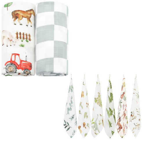 LifeTree Muslin Swaddle Blankets Neutral, Baby Washcloths Farm Animals Swaddling Wrap Nursery