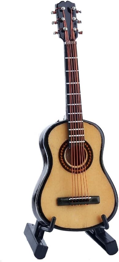 Dselvgvu Wooden Miniature Guitar with Stand, Classic Model for Dollhouse Decoration, 3.94"x1.42"x0.59"