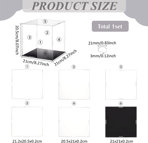 FINGERINSPIRE Clear Plastic Minifigure Display Cases, 8.3x8.3x8inch Dustproof Box with Black Base for Models and